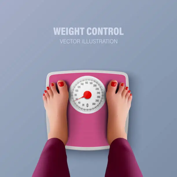 Vector illustration of Vector 3d Realistic Bathroom Scales and Female Feet in Top View. Weight Control Concept Banner with Bathroom Body Weight Scales, Classic Retro Bathroom Floor Scale