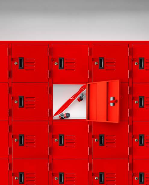 istock Red skateboard in a red locker with an open lid. 1502653818