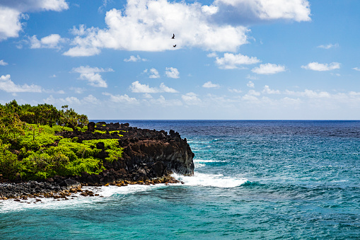 Coastal view in Maui along the road to Hana on a sunny day. Honokalani, Waianapanapa State Park.
