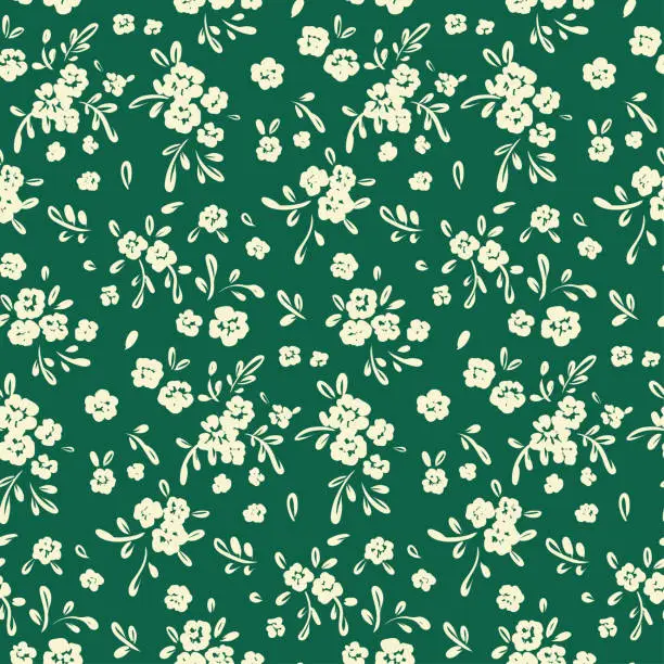 Vector illustration of Seamless floral pattern, liberty ditsy print in vintage style: small white flowers, leaves on a green background. Vector illustration.
