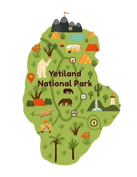 Vector illustration of A cute retro camping map, a fantasy Yetiland National Park landscape with waving Yeti, car, camper, and touristic tents, surrounded by mountains and forest trees. Vector illustration.