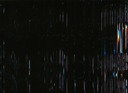 Glitch overlay. Distressed screen. Analog noise. Orange blue color artifacts dust scratches texture on dark black illustration abstract background.