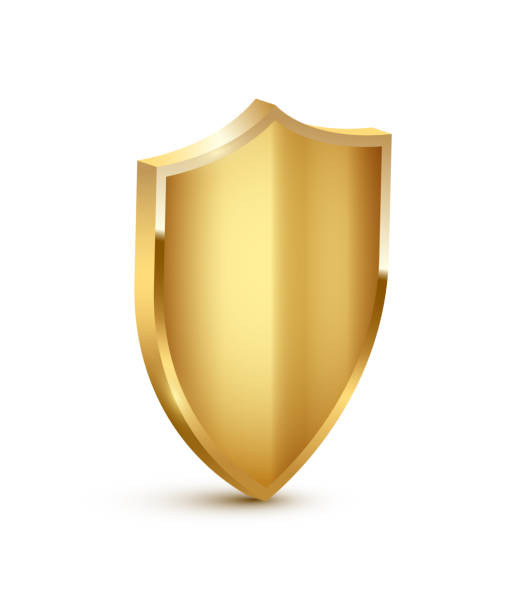 istock Isometric gold shield vector illustration. Realistic isolated golden armory trophy with metal coat, 3d luxury safety protection emblem, vintage blank shiny royal award 1502675025