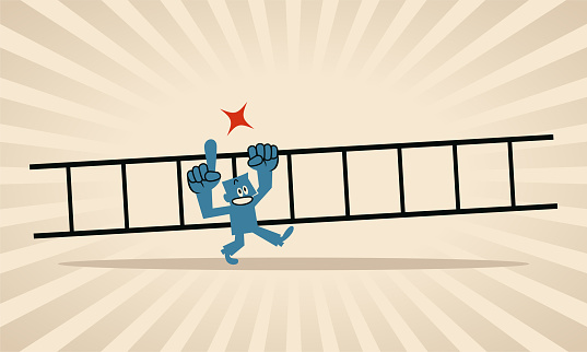 Blue Cartoon Characters Design Vector Art Illustration.
A businessman carries the ladder of success forward and points up with his index finger.
