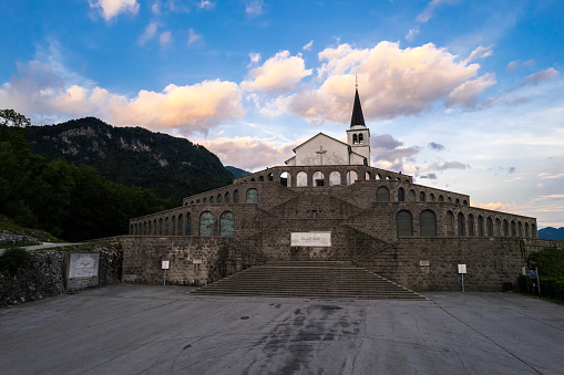 Drone view of St Anton Church and Kobarid Ossuary in Slovenia. Caporetto Memorial from First World War.