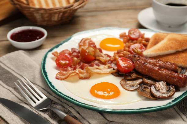 istock Traditional English breakfast served on table, closeup 1502698550