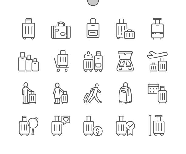 ilustraciones, imágenes clip art, dibujos animados e iconos de stock de maleta. equipaje de viaje. de viaje. iconos de línea fina vectoriales perfectos de píxeles. pictograma mínimo simple - suitcase