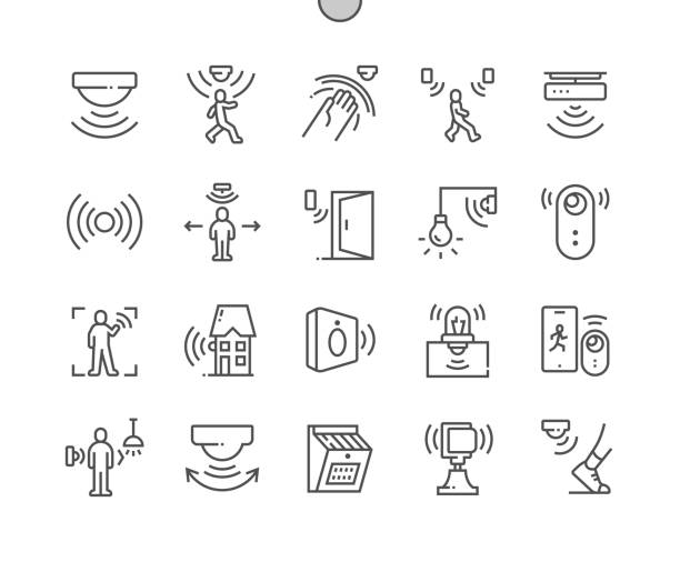 czujnik ruchu. inteligentny dom. fale czujnika. bezpieczeństwo i automatyczne oświetlenie. piksele idealne wektorowe cienkie linie ikony. prosty minimalny piktogram - motion sensor stock illustrations