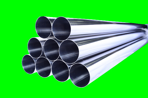 stainless steel pipes metal pipe piping water conduit isolated on background kroma key metallic piece