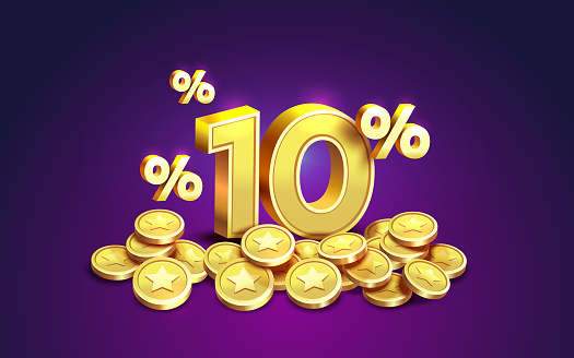 Cashback 10 Percentage golden coins, financial save off. Vector