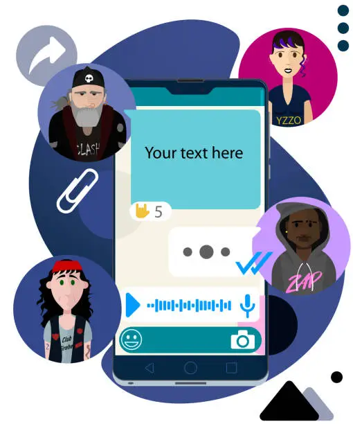 Vector illustration of Like-minded people chatting via mobile app. Biker, rock fans, rapper. Ideal for exposing your ideas or sharing information or news. Replace with your text.