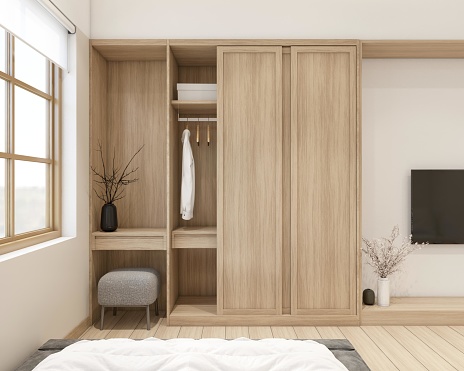 Modern japan style tiny room decorated with wood  sliding wardrobe and dressing table. 3d rendering