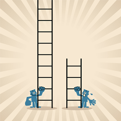 Blue Cartoon Characters Design Vector Art Illustration.
Two people are comparing the length of their ladders.