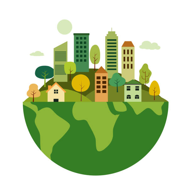 Sustainable green eco city on the earth planet in flat design vector illustration. vector art illustration