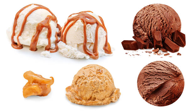 istock Set of ice cream scoops of different flavours isolated on white background. Pattern. Creative layout of ice-cream Collection. 1502753307