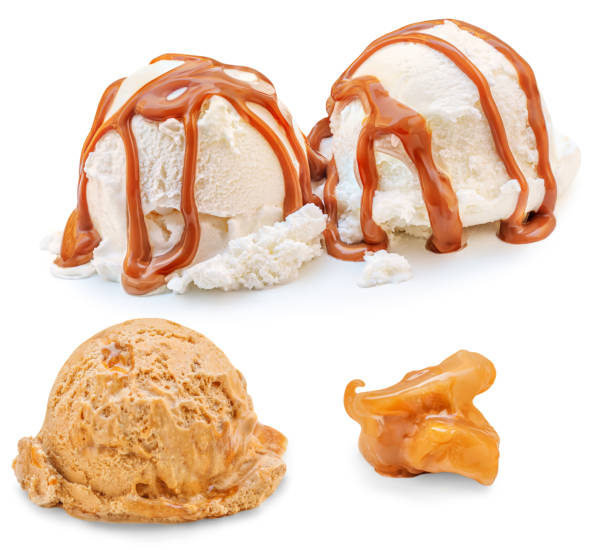 istock Caramel  ice-cream with toffee caramel pieces isolated on white background. Creative layout of ice-cream 1502753317