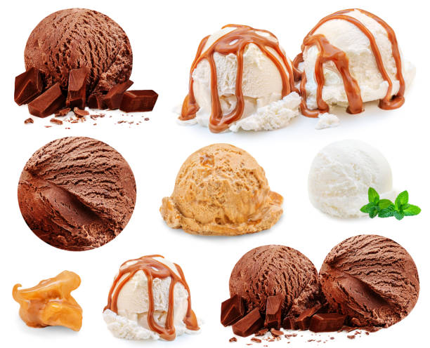 istock Set of ice cream scoops of different flavours isolated on white background. Pattern. Creative layout of ice-cream Collection. 1502753343