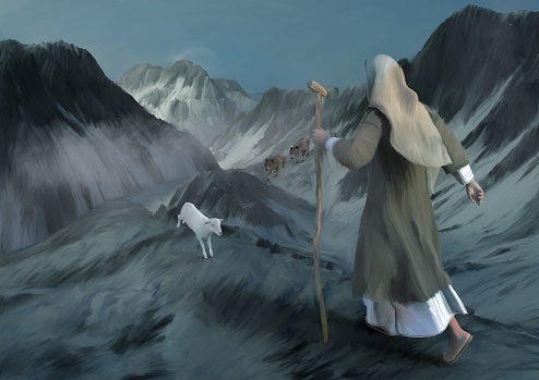 A 3D render of a man standing in a mountainous landscape with a white lamb