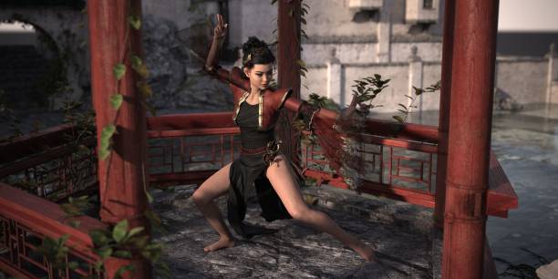 3D rendering of a woman performing martial arts in an outdoor pavilion surrounded by lush foliage. A 3D rendering of a woman performing martial arts in an outdoor pavilion surrounded by lush foliage. power balance pavillion stock pictures, royalty-free photos & images
