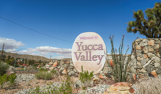 March 11, 2023 Yucca Valley California, Yucca Valley Welcome sign on the edge of the desert town