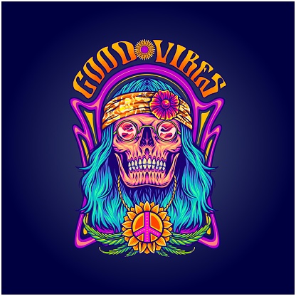 Dressing skull bohemian style hippie culture illustrations vector illustrations for your work logo, merchandise t-shirt, stickers and label designs, poster, greeting cards advertising business company or brands