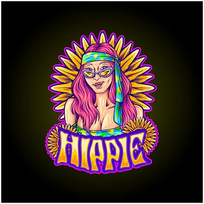 Happy girl hippy lifestyle flower children illustrations vector illustrations for your work logo, merchandise t-shirt, stickers and label designs, poster, greeting cards advertising business company or brands