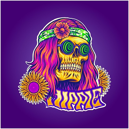 Psychedelic skull dress boho-chic hippie illustrations vector illustrations for your work logo, merchandise t-shirt, stickers and label designs, poster, greeting cards advertising business company or brands