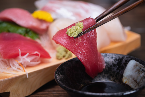 Close up of tuna sashimi. Japanese fresh seafood.