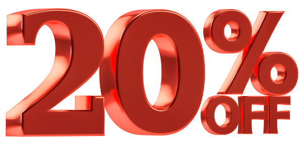 20 % off discount for sale promotion. 3d number with percent sign. Isolated on white background