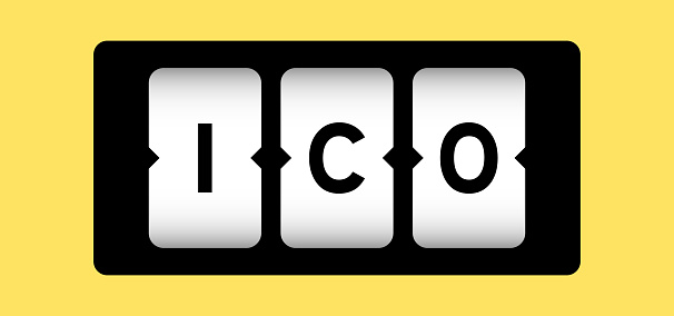 Black color in word ICO (Abbreviation of Initial coin offering or initial currency offering) on slot banner with yellow color background