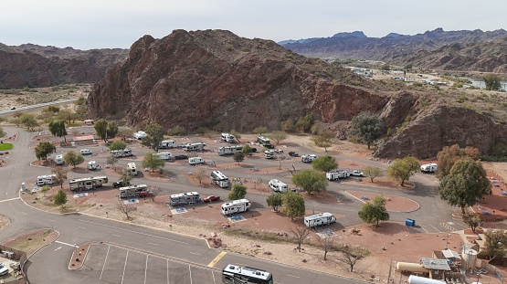 Parker, United States – January 18, 2023: An aerial view of the campground at Arizona's River Island State Park near Lake Havasu.