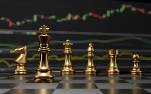 Gold Chess set with investment ,financial market, emulation and planning concept, 3D render