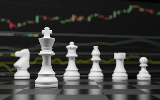 White Chess set with investment ,financial market, emulation and planning concept, 3D render