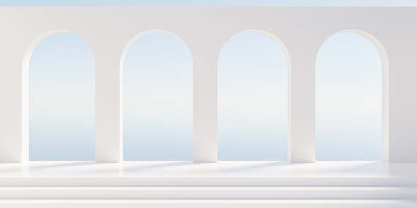 Wall scene mockup products display. background with realistic white and blue pedestal podium. Futuristic arch gate wall scene. Minimal mockup empty product display. 3D rendering