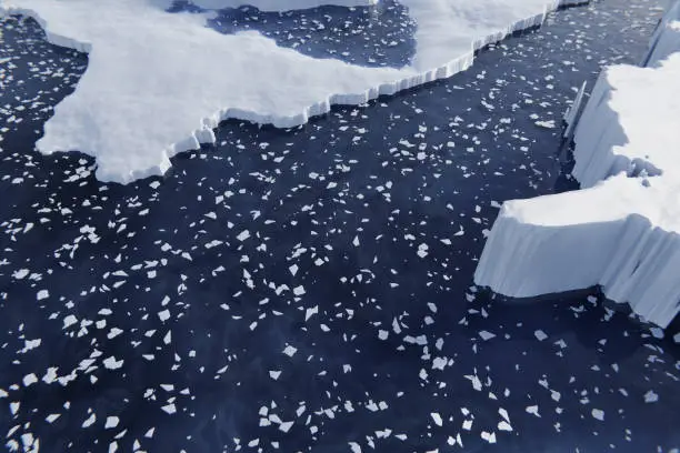 melting glacier. Melting arctic ice. Global warming and climate change concept. Affected by climate change and global warming. Tabular icebergs melting at rising sea. 3d rendering