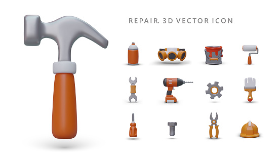 Big set of 3D tools icons. Construction, repair, painting works. Color tools for professional and home use. Things for work and protection. Collection of isolated images in cartoon style
