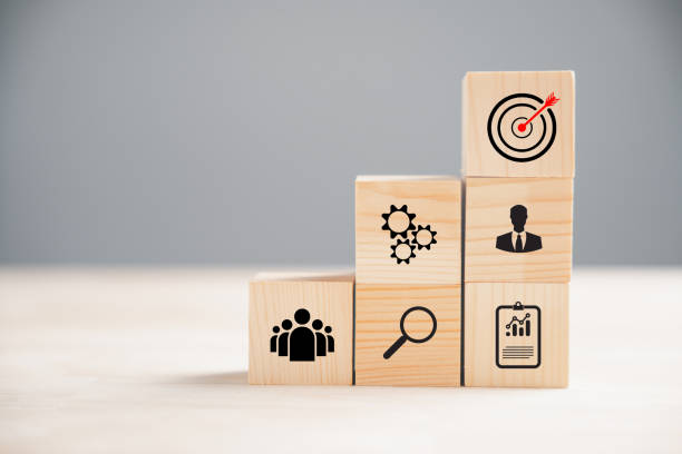 istock Wooden block cude step on table with Action Plan 1502770393