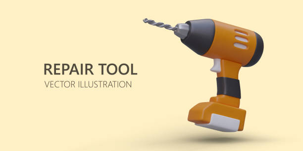 istock 3d realistic electric drill. Colorful web page for online store selling repair tool 1502772423