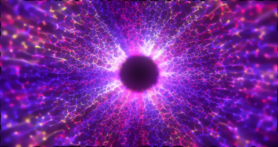 Abstract purple energy tunnel made of particles and a grid of high-tech lines with a glowing background effect.