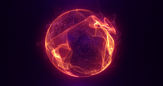 Abstract orange fire energy sphere of particles and waves of magical glowing on a dark background.