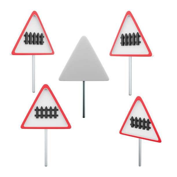 istock 3d rendering Railway train level crossing road sign different positions icon set. 3d render road sign concept icon set. Railway train level crossing 1502774845