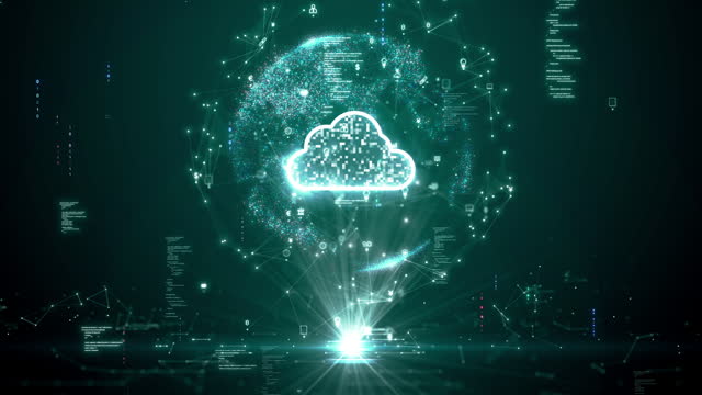 Cloud or edge computing technology concept that supports the storage of large databases from around the world. Data security system. polygons white cloud icon on dark green background.