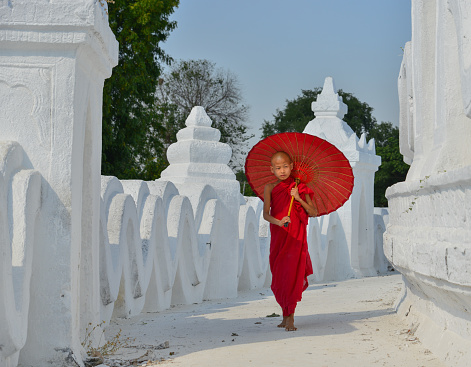 A Buddhist novice monk with a red umbrella walking at the white temple.