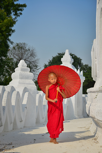 A Buddhist novice monk with a red umbrella walking at the white temple.