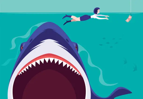 Vector illustration of woman swimming and finding banknote bait but being followed by hungry shark