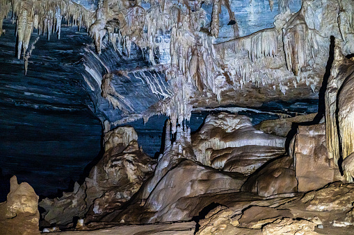 Limestone cave of stalactite and stalagmite formations, the Gruta da Lapa Doce Cave, tourist attraction of Chapada Diamantina in Bahia, Brazil.