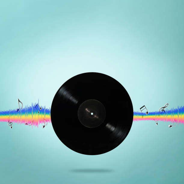 istock Blank LP vinyl record with sound equalizer wave line and musical notes against light blue background 1502777270