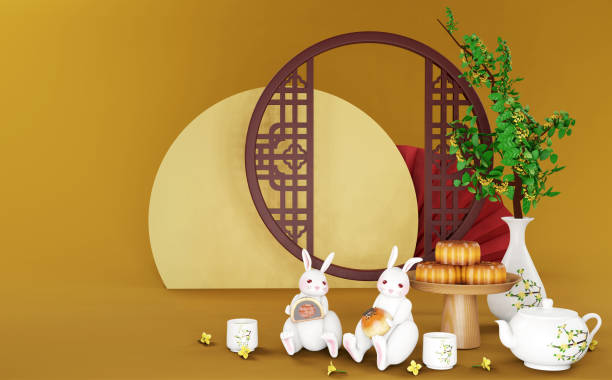 istock 3D rendering mid-autumn festival moon cake and moon rabbit background 1502777385