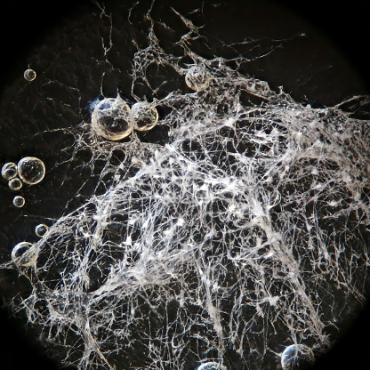 White mold strongly magnified under reflected light microscope.
