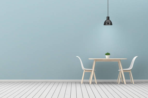 istock Kitchen Room Interior with Lamp, Table and Two Chairs near Empty Blue Wall. 3d Rendering 1502780360